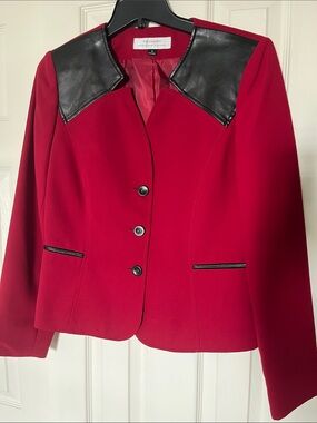 Tahari Red Blazer with Black Faux-Leather Trim